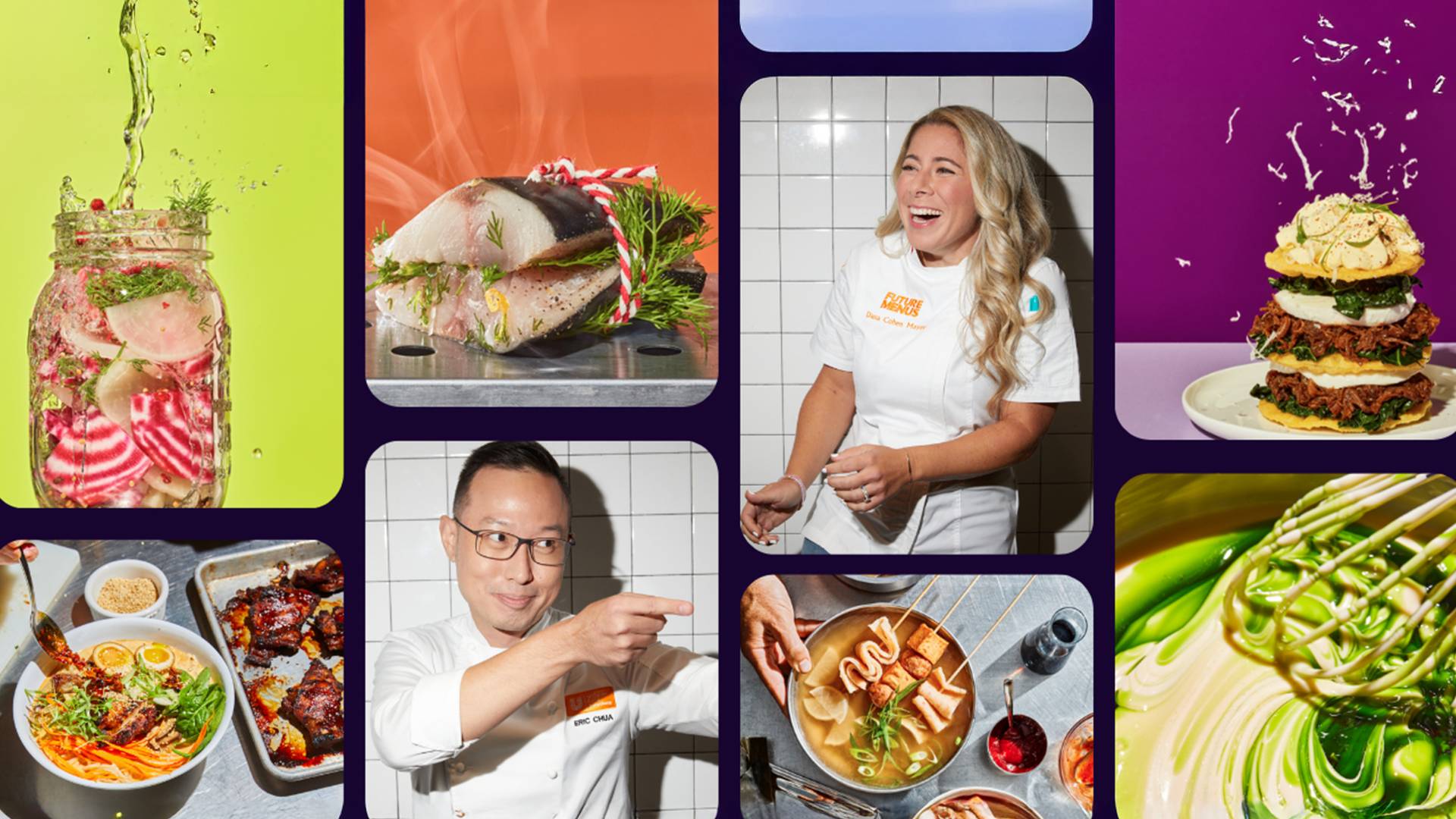 Un collage di immagini che comprende due chef che ridono, e scatti di piatti ispirati alla cucina asiatica e sudamericana dalla ricerca delle tendenze dei menu rilevate da Unilever Food Solutions.