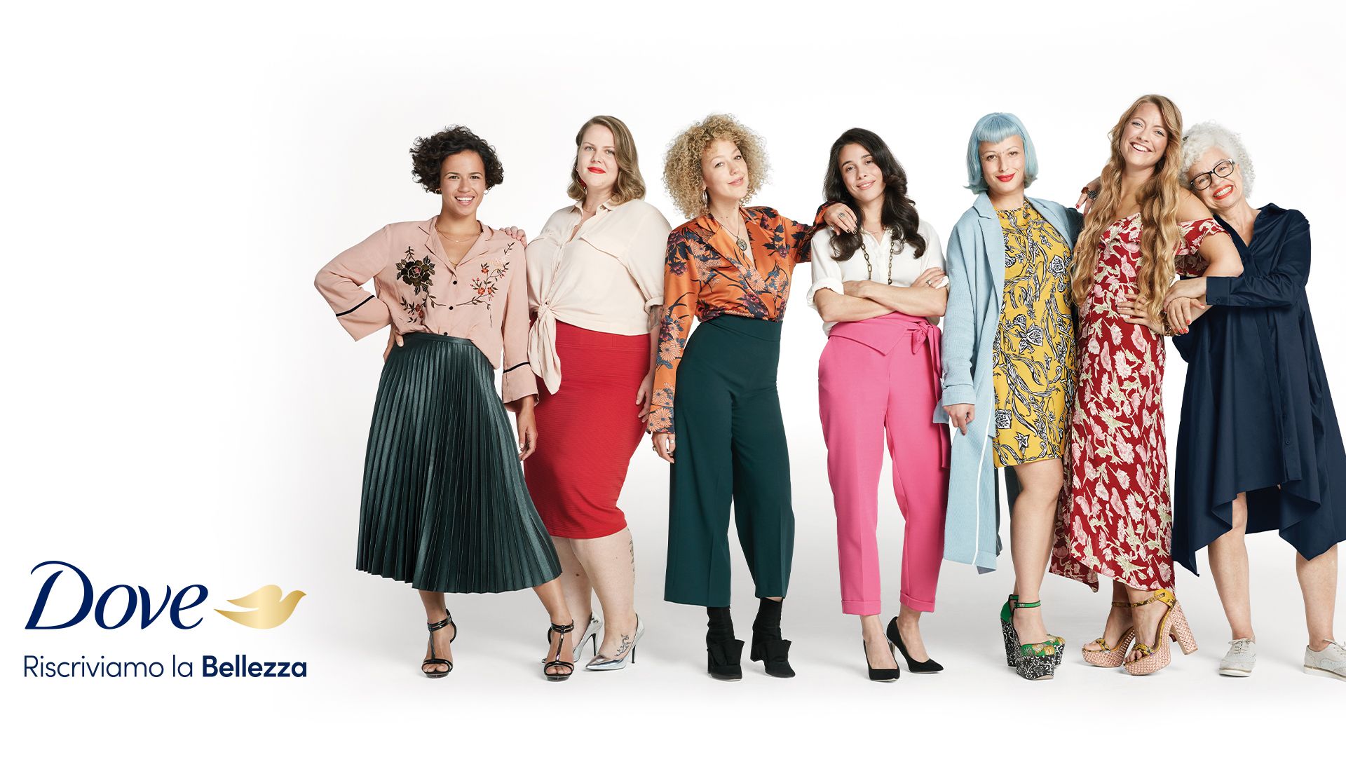 Banner per il marchio Dove sul mercato italiano. Una foto con sette donne di età e gruppi etnici diversi