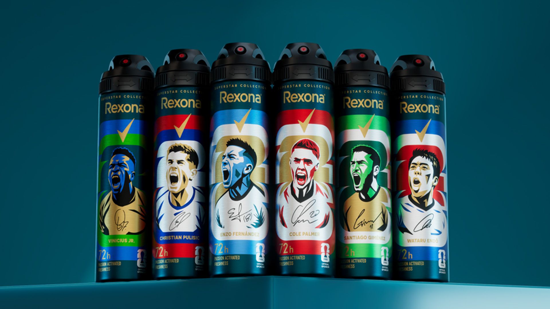 Linea di deodoranti Rexona 72 ore, sponsor ufficiale della Coppa del Mondo FIFA 2026, simbolo di presenza globale del brand.
