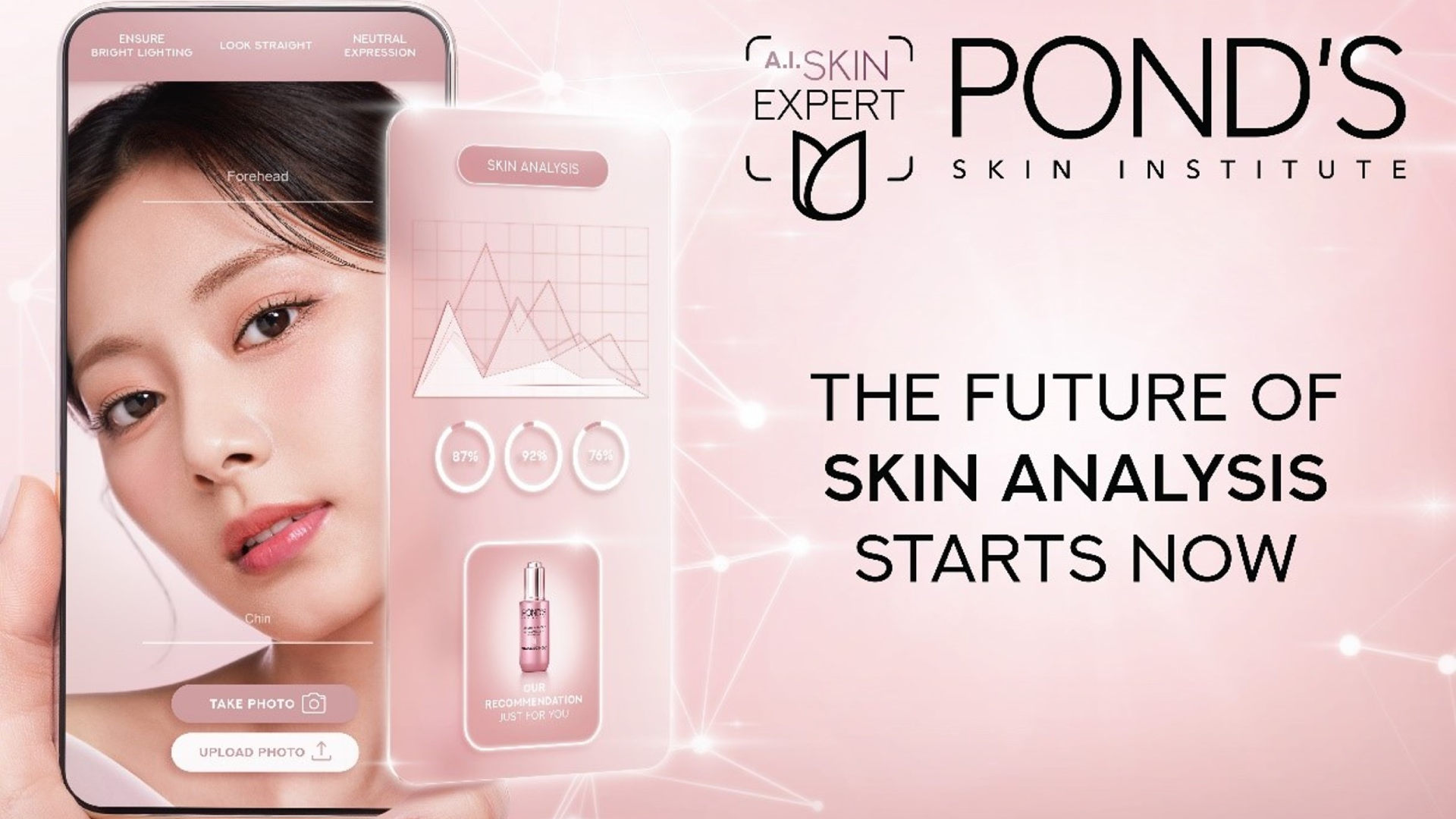 Grafica che promuove lo strumento AI Skin Expert di POND’S SKIN INSTITUTE. Testo: “Il futuro dell’analisi della pelle inizia ora”