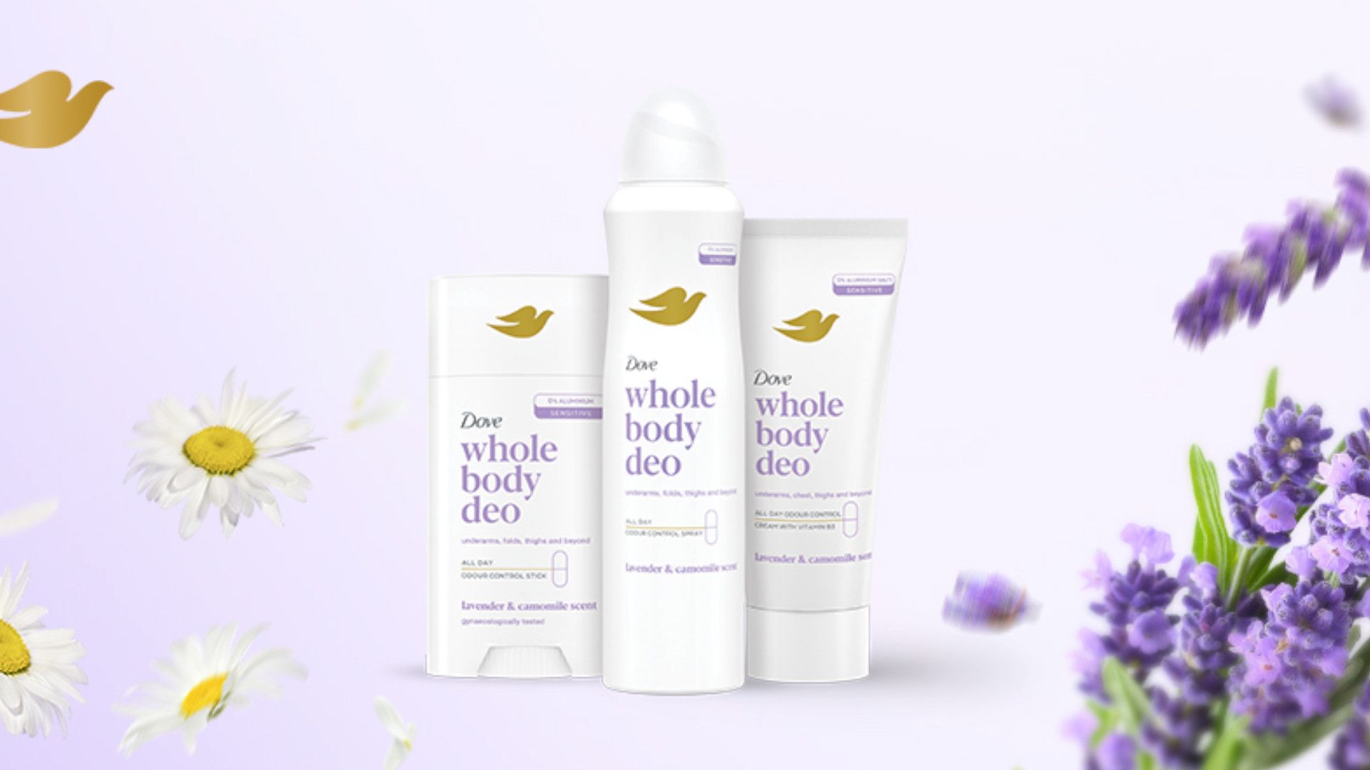 Tre varianti di dove whole body deo alla lavanda e alla camomilla