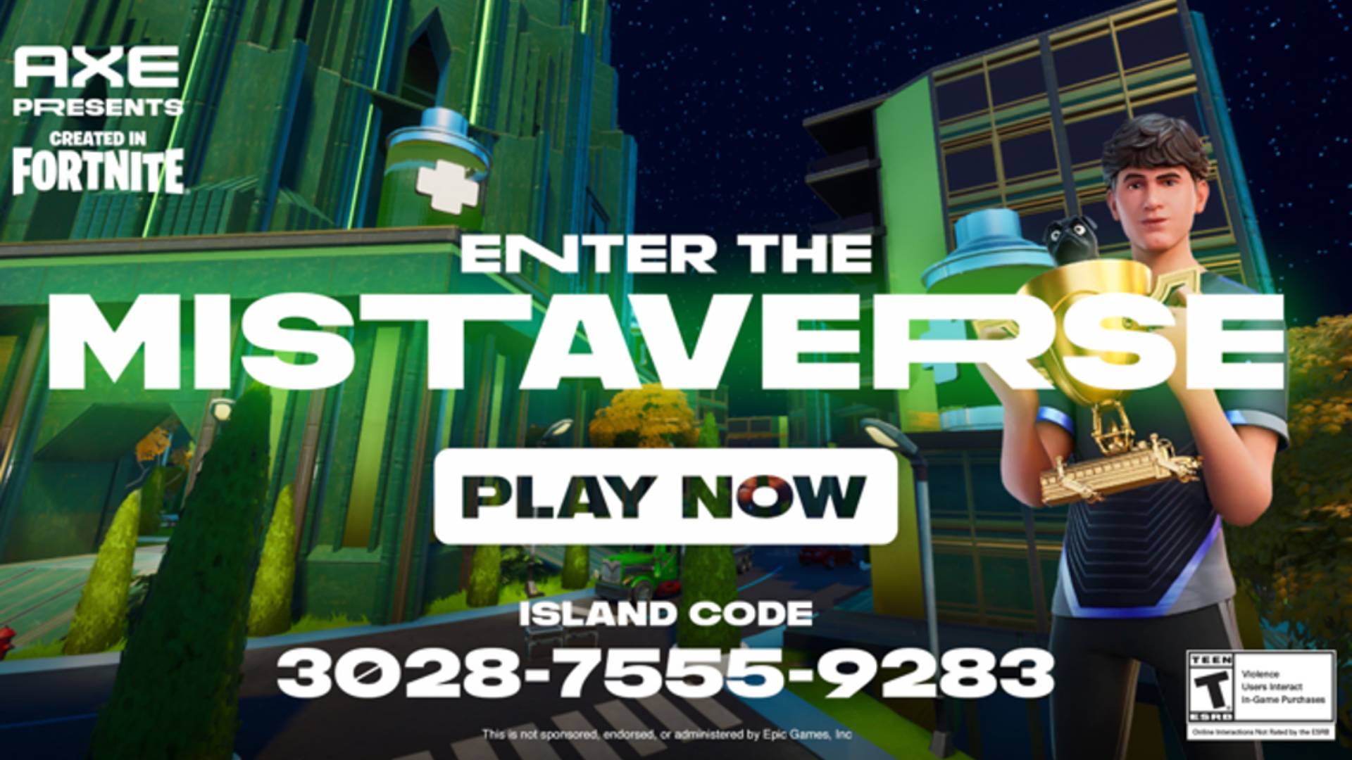 Un'immagine della partnership di Axe con Fortnite. Il testo bianco su sfondo nero recita "Entra nel Mistaverse"