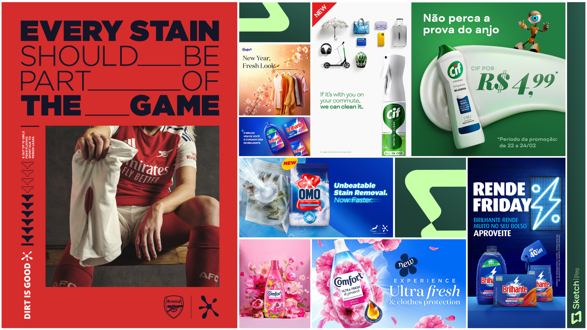 Montaggio di contenuti di marketing creati dai team di Sketch Pro, progettati per intercettare micro-trend e momenti culturali.