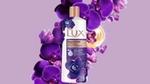 Una bottiglia di Lux Magical Orchid su fiori viola contro uno sfondo color violetto.