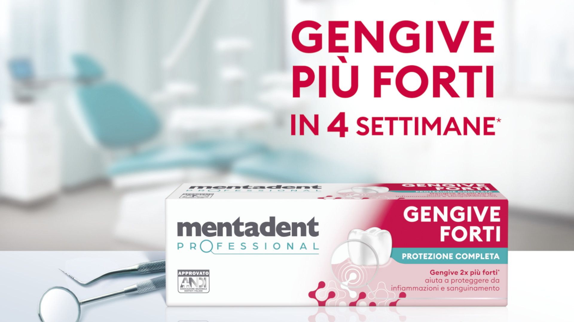 Key visual del prodotto mentadent gengive forti su uno scaffale di uno studio medico dentistico