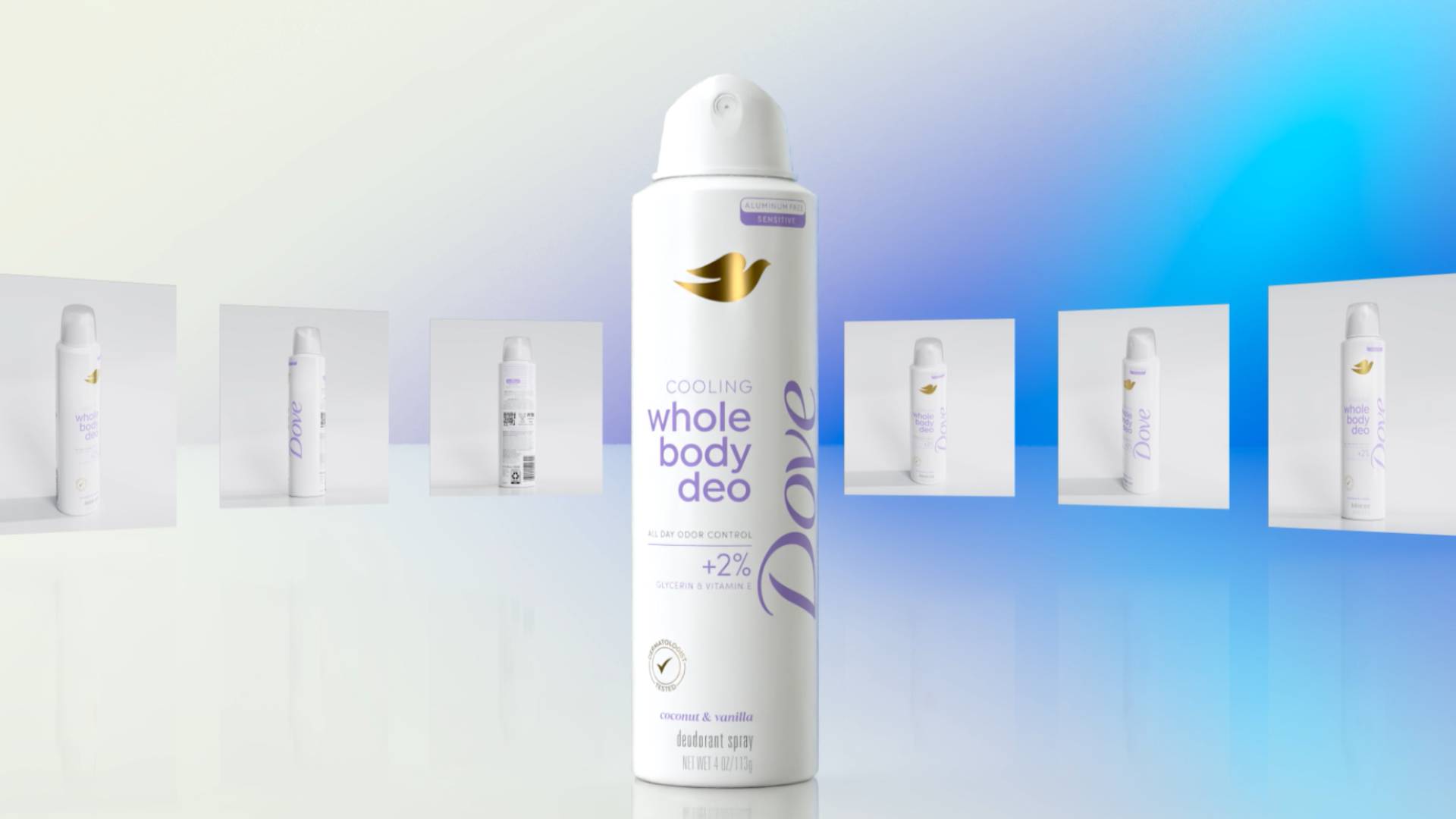 Immagine del deodorante Dove Whole Body Deo affiancato da sei immagini digitali.