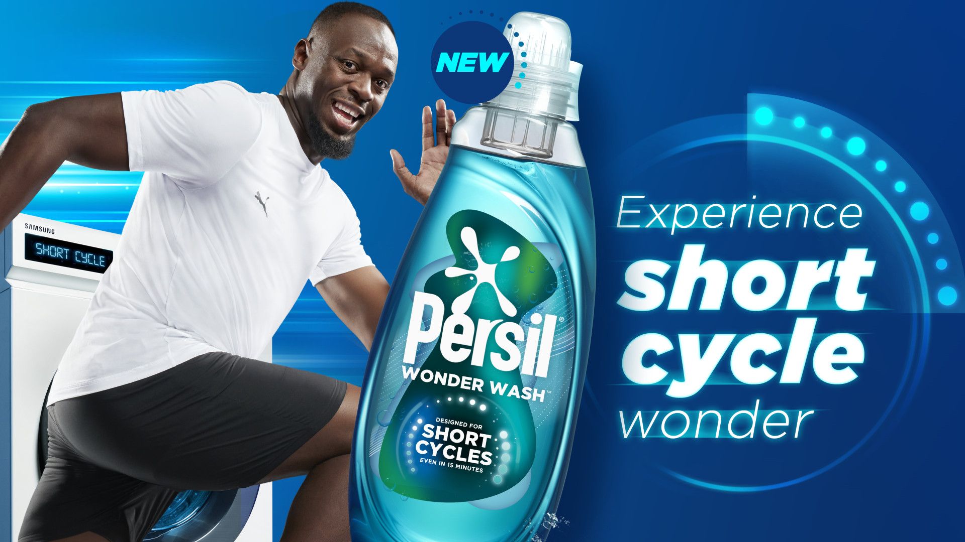 Pubblicità di Wonder Wash con Usain Bolt, con testo "Provalo! detersivo ideale per cicli brevi."